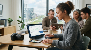Na grafice widoczna jest grupa czterech zróżnicowanych wiekowo i kulturowo osób, które wspólnie pracują w jasnym, nowoczesnym biurze lub przestrzeni typu coworking